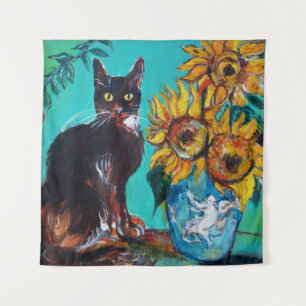 SONNENBLUMEN MIT KATZE IN BLAUEM TURQUOISE WANDTEPPICH