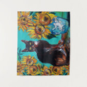 SONNENBLUMEN MIT KATZE IN BLAUEM TURQUOISE WANDTEPPICH (Vorderseite)