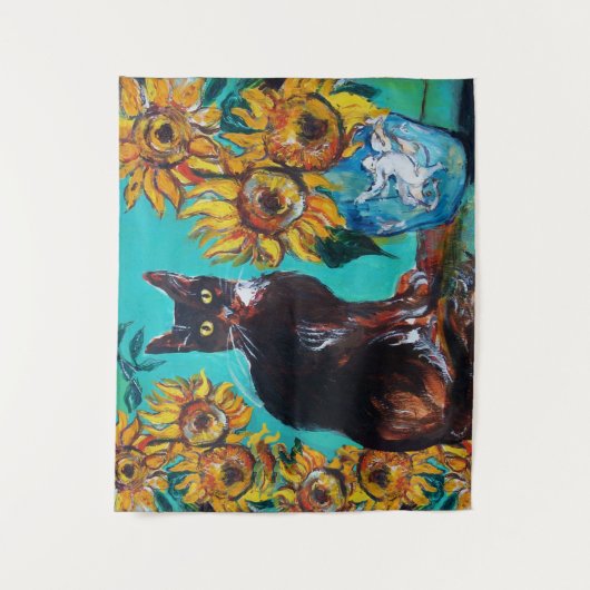 SONNENBLUMEN MIT KATZE IN BLAUEM TURQUOISE WANDTEPPICH (Vorderseite)