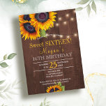 Sonnenblumen mit Lichterketten chic rustikales 16  Einladung<br><div class="desc">Bläserner eleganter Fall 16 . Geburtstag / 16. Geburtstagsgeschenk-Einladung auf dunkelbraunes Maronholz mit Bouquets von gelben goldenen Sonnenblumen und Streichholzlampen. Füllen Sie Ihre Informationen in den Flecken, Sie können wählen, um es anzupassen, weitere sich ändernde Schriftartes und Farben der Schrift. — Die Einladung ist für den Sommer geeignet | Herbstgarten...</div>