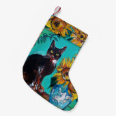 SONNENBLUMEN MIT SCHWARZEM CAT IM BLAUEN TÜRKIS KLEINER WEIHNACHTSSTRUMPF (Vorderansicht (hängend))