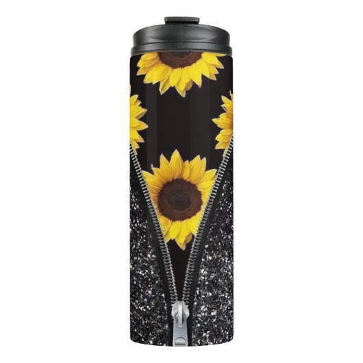 Sonnenblumen mit schwarzem Glitzer im Zipper-Desig Thermosbecher (Vorderseite)