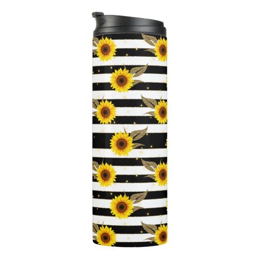 Sonnenblumen mit schwarzen und weißen horizontalen thermosbecher (Nach rechts gedreht)