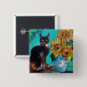 SONNENBLUMEN MIT SCHWARZER KATZE, Gelb-Türkis-Blau Button (Vorne & Hinten)