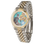 SONNENBLUMEN MIT SCHWARZER KATZE, Gelb, Türkisblau Armbanduhr (Schrägansicht)