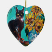 SONNENBLUMEN MIT SCHWARZER KATZE IM BLUE TURQUOISE KERAMIK ORNAMENT (Rechts)