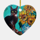 SONNENBLUMEN MIT SCHWARZER KATZE IM BLUE TURQUOISE KERAMIK ORNAMENT (Vorne)