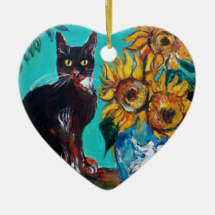 SONNENBLUMEN MIT SCHWARZER KATZE IM BLUE TURQUOISE KERAMIK ORNAMENT