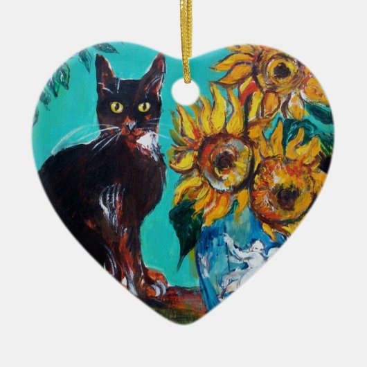 SONNENBLUMEN MIT SCHWARZER KATZE IM BLUE TURQUOISE KERAMIK ORNAMENT (Vorne)