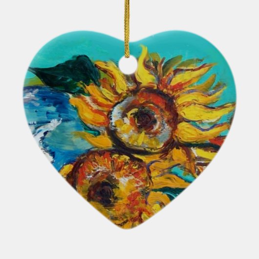 SONNENBLUMEN MIT SCHWARZER KATZE IM BLUE TURQUOISE KERAMIK ORNAMENT (Hinten)