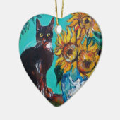SONNENBLUMEN MIT SCHWARZER KATZE IM BLUE TURQUOISE KERAMIK ORNAMENT (Links)