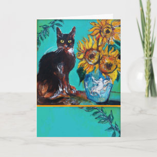 SONNENBLUMEN MIT SCHWARZER KATZE IN BLAU TURKOIS KARTE