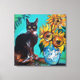 SONNENBLUMEN MIT SCHWARZER KATZE IN BLAU TURKOIS LEINWANDDRUCK