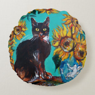 SONNENBLUMEN MIT SCHWARZER KATZE IN BLAU TURKOIS RUNDES KISSEN
