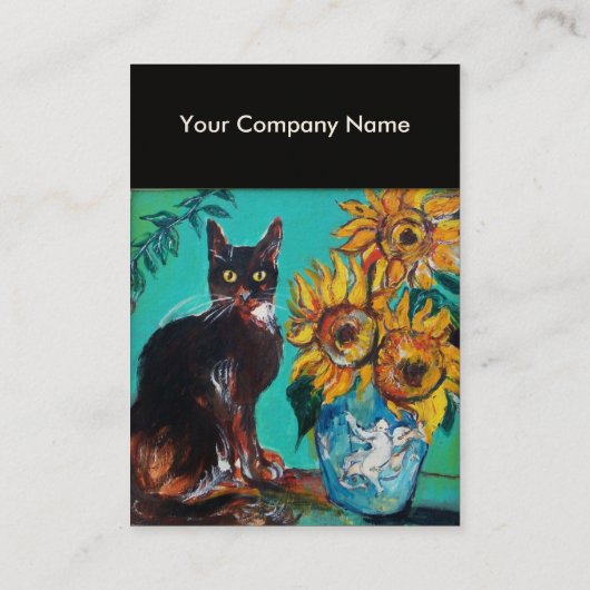SONNENBLUMEN MIT SCHWARZER KATZE IN BLAUEM Elfenbe Visitenkarte (Rückseite)
