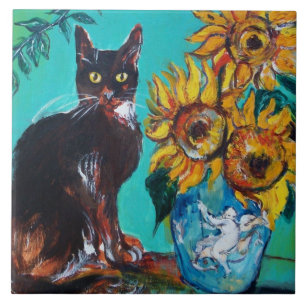 SONNENBLUMEN MIT SCHWARZER KATZE IN BLAUEM TÜRKIS  FLIESE