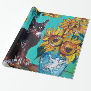 SONNENBLUMEN MIT SCHWARZER KATZE IN BLAUEM TÜRKIS GESCHENKPAPIER