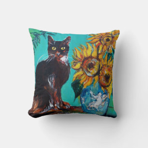 SONNENBLUMEN MIT SCHWARZER KATZE IN BLAUEM TÜRKIS KISSEN