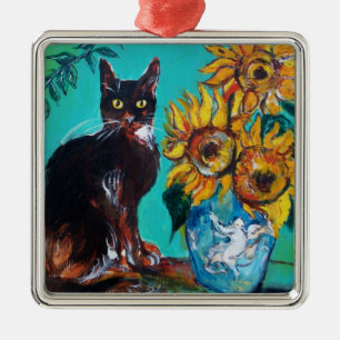 SONNENBLUMEN MIT SCHWARZER KATZE IN BLAUEM TÜRKIS ORNAMENT AUS METALL