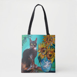 SONNENBLUMEN MIT SCHWARZER KATZE IN BLAUEM TÜRKIS TASCHE