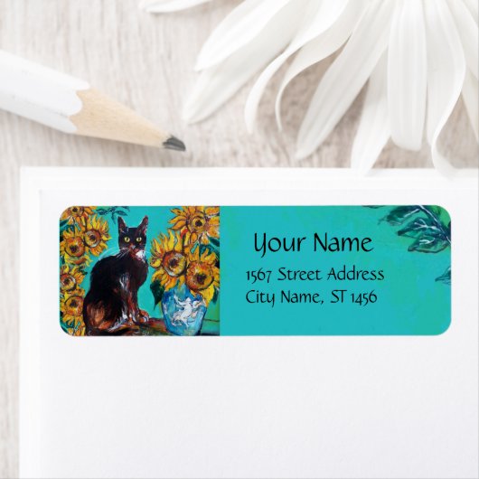 SONNENBLUMEN MIT SCHWARZER KATZE IN BLAUEM TURQUOI (Insitu)