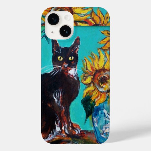 SONNENBLUMEN MIT SCHWARZER KATZE IN BLAUEM TURQUOI Case-Mate iPhone HÜLLE (Rückseite)
