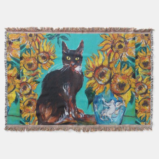 SONNENBLUMEN MIT SCHWARZER KATZE IN BLAUEM TURQUOI DECKE (Vorderseite)