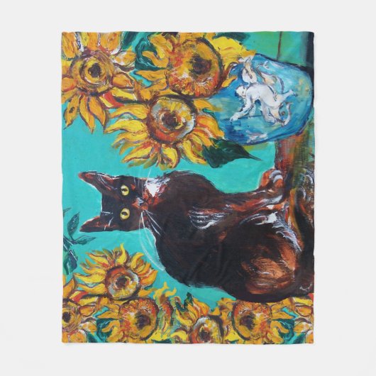 SONNENBLUMEN MIT SCHWARZER KATZE IN BLAUEM TURQUOI FLEECEDECKE (Vorderseite)