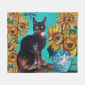 SONNENBLUMEN MIT SCHWARZER KATZE IN BLAUEM TURQUOI FLEECEDECKE (Vorderseite (Horizontal))