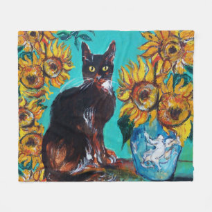 SONNENBLUMEN MIT SCHWARZER KATZE IN BLAUEM TURQUOI FLEECEDECKE