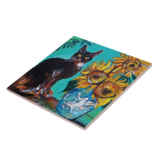 SONNENBLUMEN MIT SCHWARZER KATZE IN BLAUEM TURQUOI FLIESE (Seite)