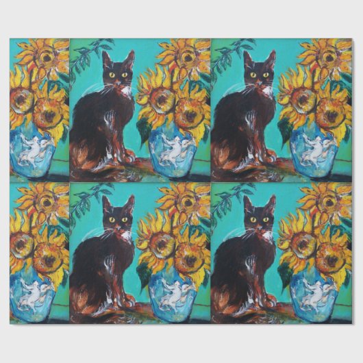 SONNENBLUMEN MIT SCHWARZER KATZE IN BLAUEM TURQUOI GESCHENKPAPIER (Flach)