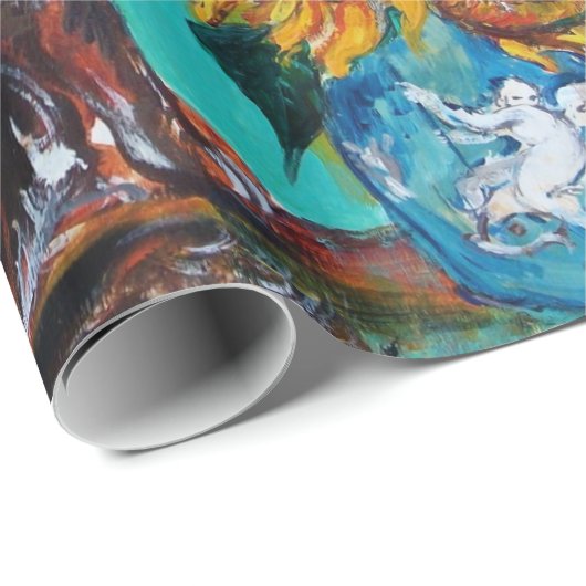 SONNENBLUMEN MIT SCHWARZER KATZE IN BLAUEM TURQUOI GESCHENKPAPIER (Rolleneckpunkt)