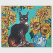 SONNENBLUMEN MIT SCHWARZER KATZE IN BLAUEM TURQUOI GESCHENKPAPIER (Flach)