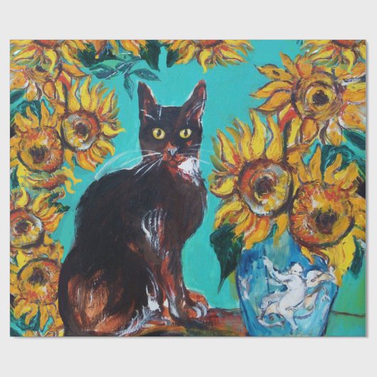 SONNENBLUMEN MIT SCHWARZER KATZE IN BLAUEM TURQUOI GESCHENKPAPIER (Flach)