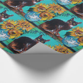 SONNENBLUMEN MIT SCHWARZER KATZE IN BLAUEM TURQUOI GESCHENKPAPIER (Ecke)