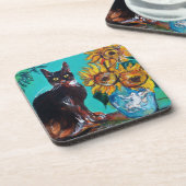 SONNENBLUMEN MIT SCHWARZER KATZE IN BLAUEM TURQUOI GETRÄNKEUNTERSETZER (Linke Seite)