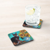 SONNENBLUMEN MIT SCHWARZER KATZE IN BLAUEM TURQUOI GETRÄNKEUNTERSETZER (Rechte Seite)