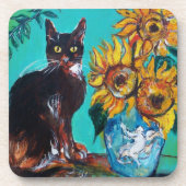 SONNENBLUMEN MIT SCHWARZER KATZE IN BLAUEM TURQUOI GETRÄNKEUNTERSETZER (Vorderseite)