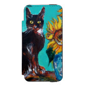 SONNENBLUMEN MIT SCHWARZER KATZE IN BLAUEM TURQUOI INCIPIO iPhone Geldbeutel-Hülle (Folio Vorderseite)