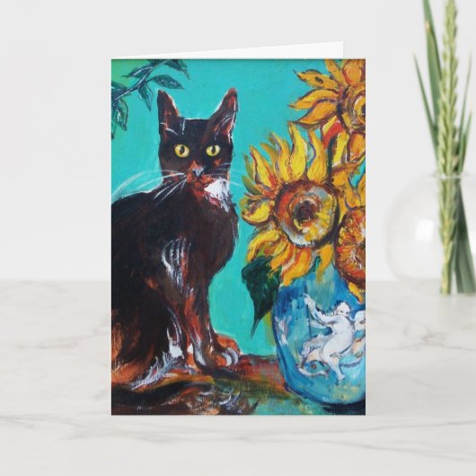 SONNENBLUMEN MIT SCHWARZER KATZE IN BLAUEM TURQUOI KARTE (Vorderseite)