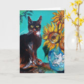 SONNENBLUMEN MIT SCHWARZER KATZE IN BLAUEM TURQUOI KARTE (Gelbe Blume)