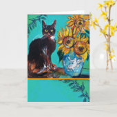 SONNENBLUMEN MIT SCHWARZER KATZE IN BLAUEM TURQUOI KARTE (Gelbe Blume)