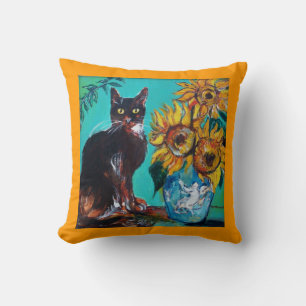 SONNENBLUMEN MIT SCHWARZER KATZE IN BLAUEM TURQUOI KISSEN