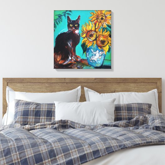 SONNENBLUMEN MIT SCHWARZER KATZE IN BLAUEM TURQUOI LEINWANDDRUCK (Insitu (Schlafzimmer))