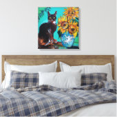 SONNENBLUMEN MIT SCHWARZER KATZE IN BLAUEM TURQUOI LEINWANDDRUCK (Insitu (Schlafzimmer))