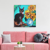 SONNENBLUMEN MIT SCHWARZER KATZE IN BLAUEM TURQUOI LEINWANDDRUCK (Insitu (Wohnzimmer))