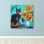 SONNENBLUMEN MIT SCHWARZER KATZE IN BLAUEM TURQUOI LEINWANDDRUCK (Insitu (Holzboden))