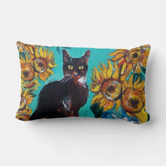 SONNENBLUMEN MIT SCHWARZER KATZE IN BLAUEM TURQUOI LENDENKISSEN (Rückseite)