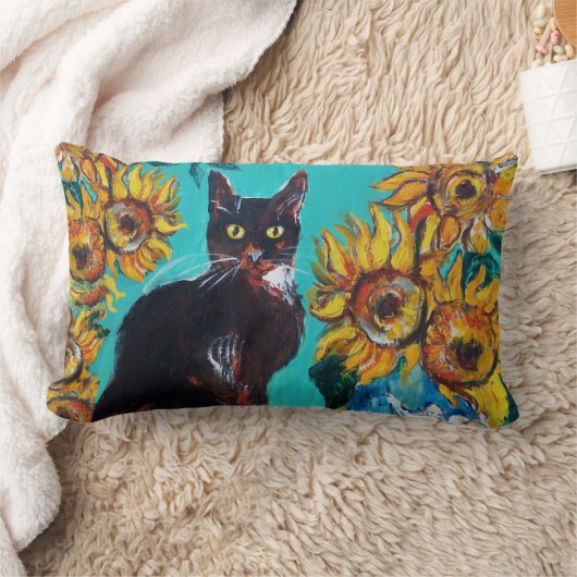 SONNENBLUMEN MIT SCHWARZER KATZE IN BLAUEM TURQUOI LENDENKISSEN (Decke)